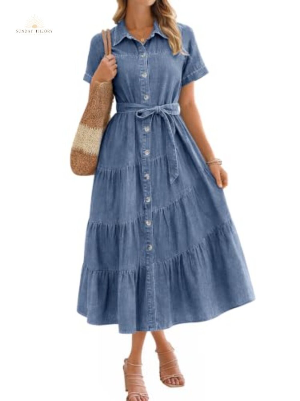 Denim Midi Shirt Dress with Belt and Pockets